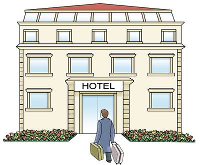 Hotel (leichte Sprache) © Illustrator Stefan Albers, Atelier Fleetinsel Hotel - Tourist/Reisender checkt ein