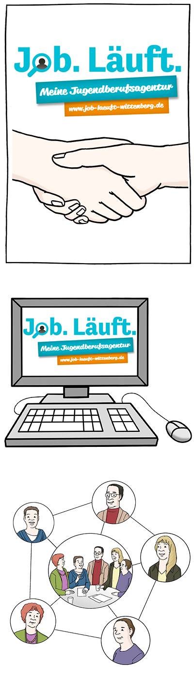 Zusammenarbeit mit Partnern - Hände schütteln; Internetseite wird auf Rechner dargestellt; Netzwerkarbeit wird als Netz von Kreis dargestell