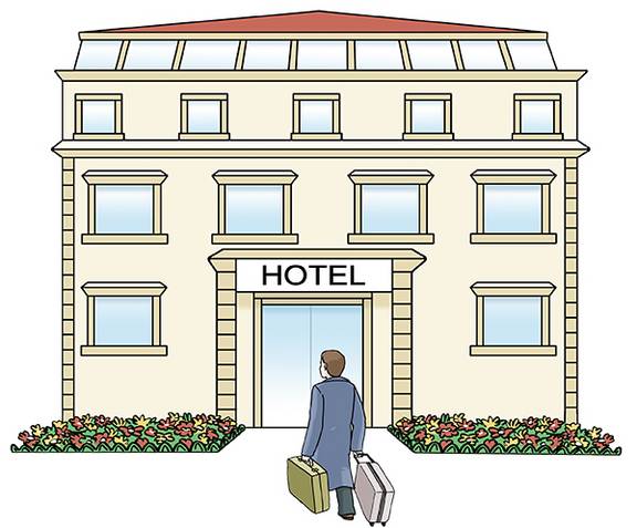 Hotel (leichte Sprache) © Illustrator Stefan Albers, Atelier Fleetinsel Hotel - Tourist/Reisender checkt ein